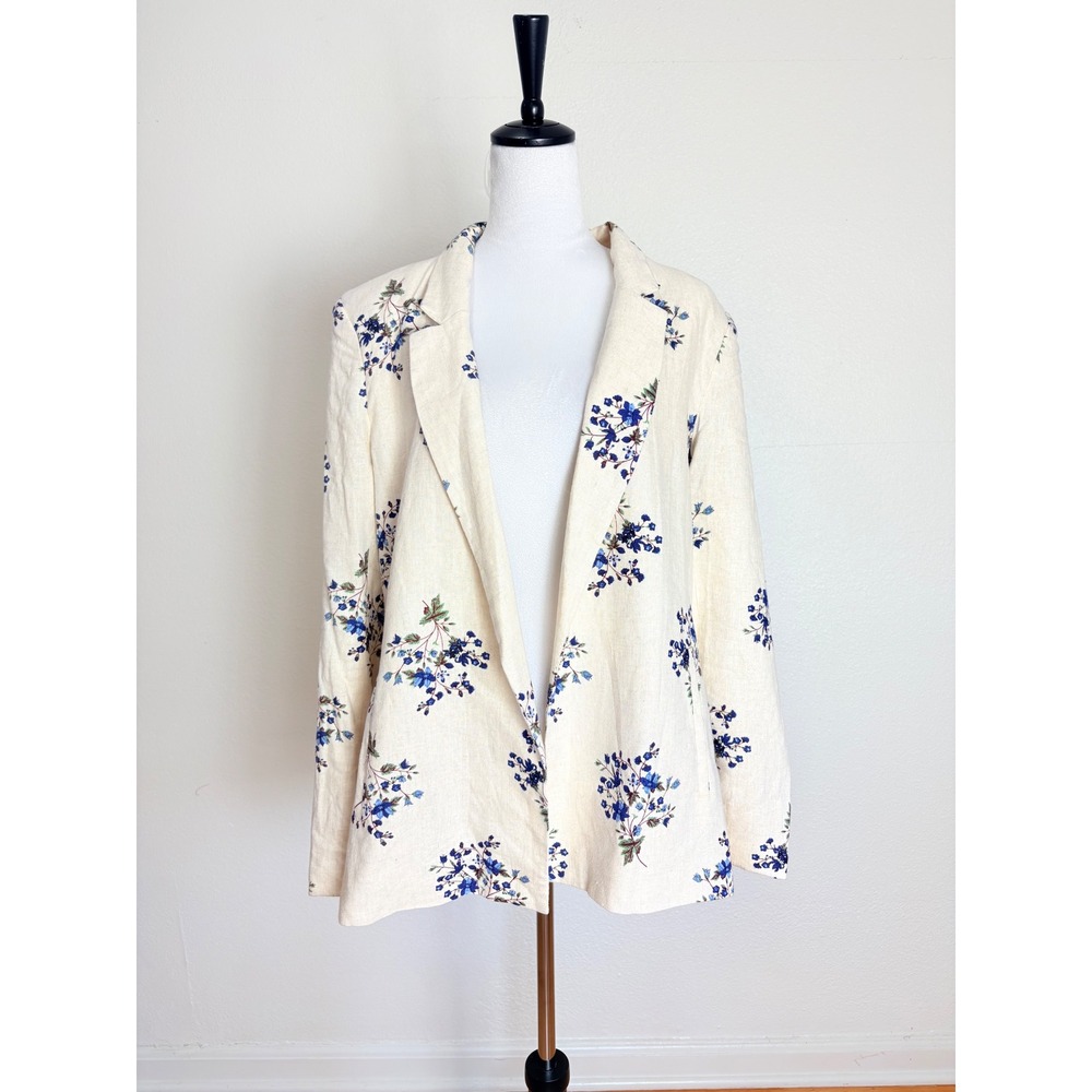Joie Cream & Navy Floral Open Front Linen Blazer Jacket Size XL Business Chic